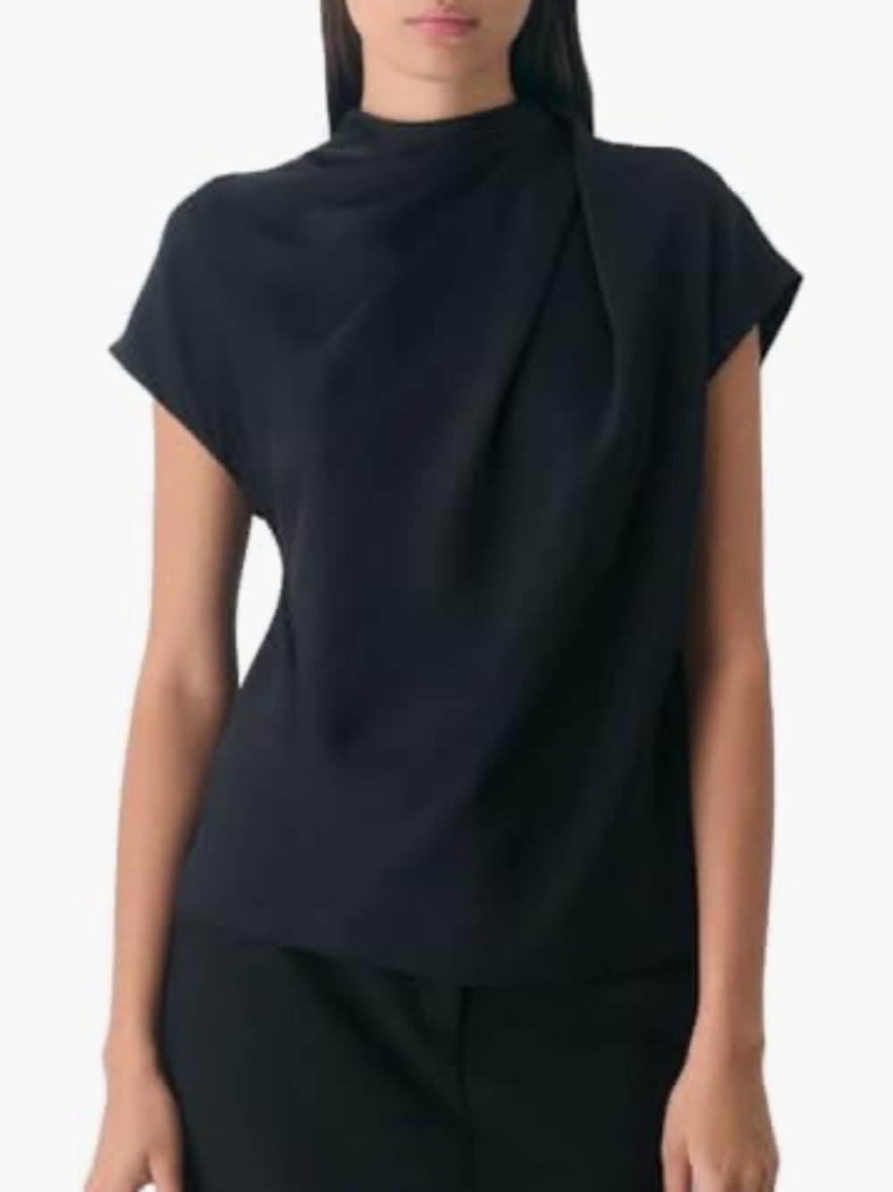 NWT Amazon Cap Sleeve Black Satin Mock Neck Ruched Blouse Size M $23.99